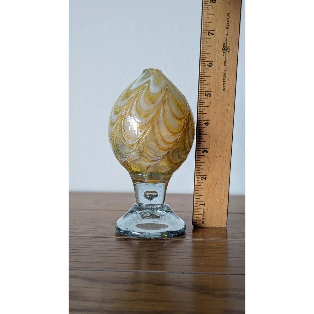 Vintage Hand Blown Amber White Swirl Art Glass Bud Vase Controlled Bubble Signed